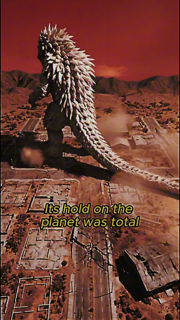 A Kaiju Story — white kaiju overlooking a ruined city beneath a red sky, still from the final video