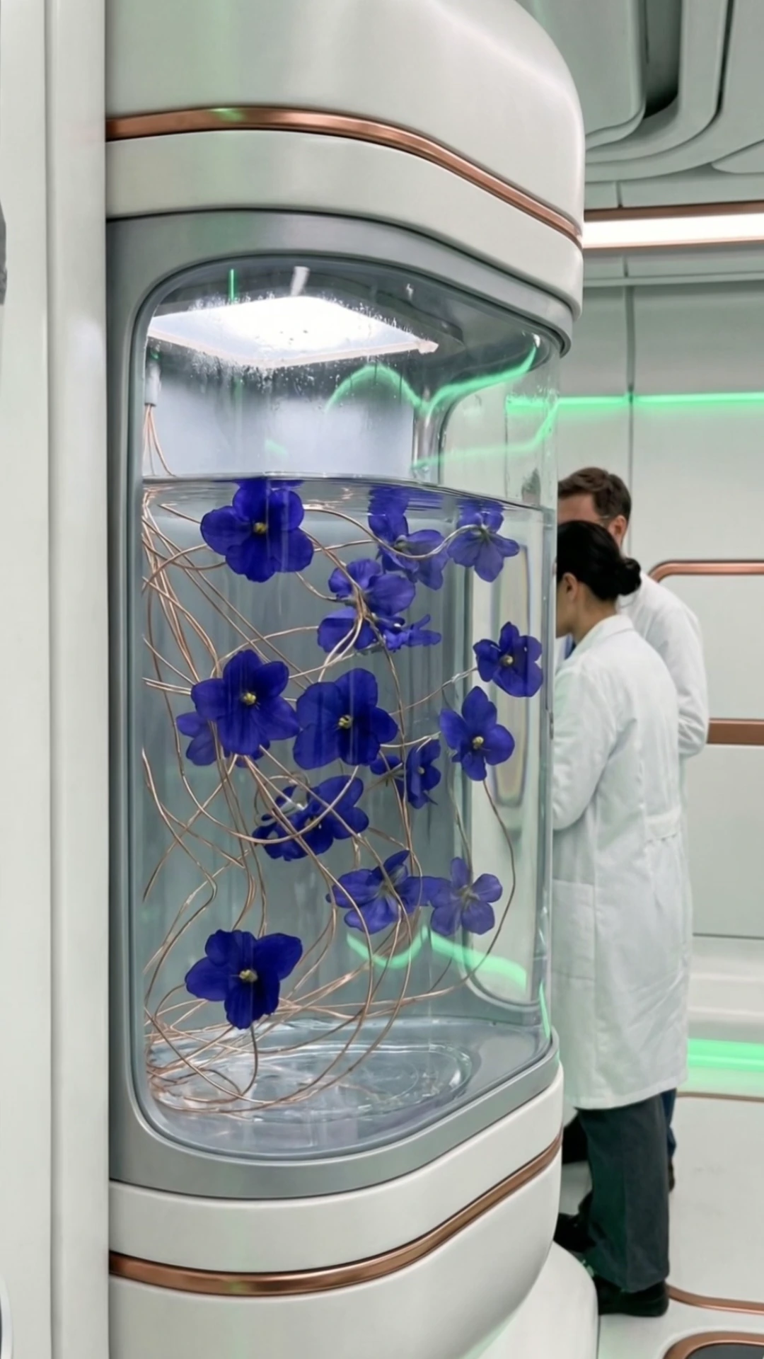 Creating Artificial Flowers — blue flowers in a glass capsule inside a futuristic laboratory, still from the final video