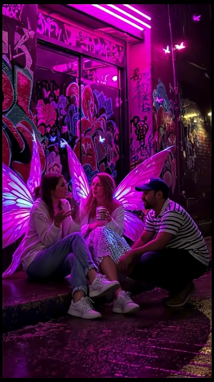 Noise Disturbance at a Fairy Bar — fairies outside a neon-lit bar in Valparaíso, still from the final film