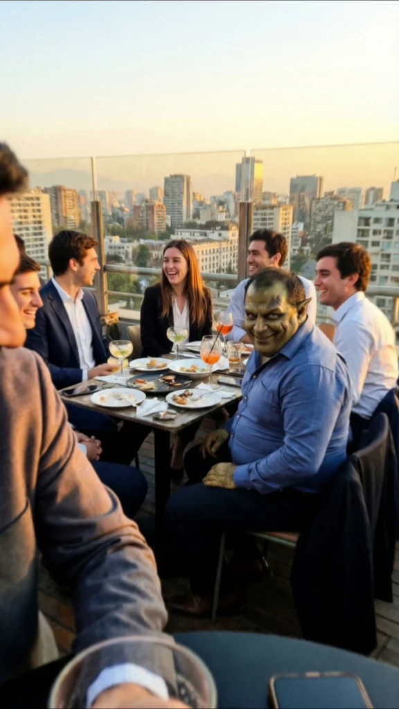 Four Years of Nightmares — goblin among guests at a rooftop dinner, still from the final video