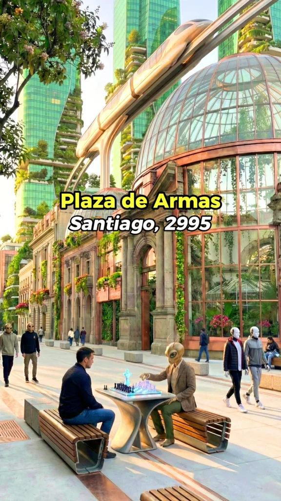 A Historical Walk Through the Square — futuristic Plaza de Armas with greenery, a monorail and people playing chess, still from the final film