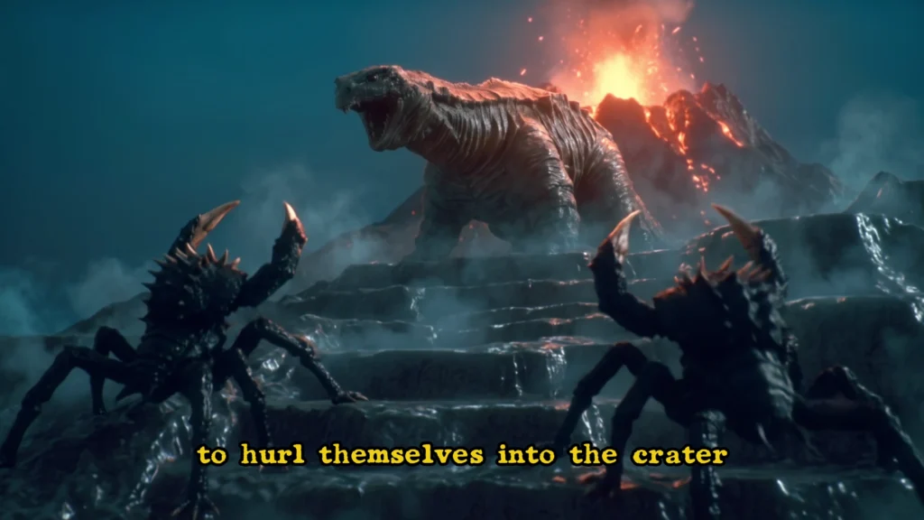 Kaiju Necropolis — kaiju and insectoid creatures beside an erupting volcano, still from the final film