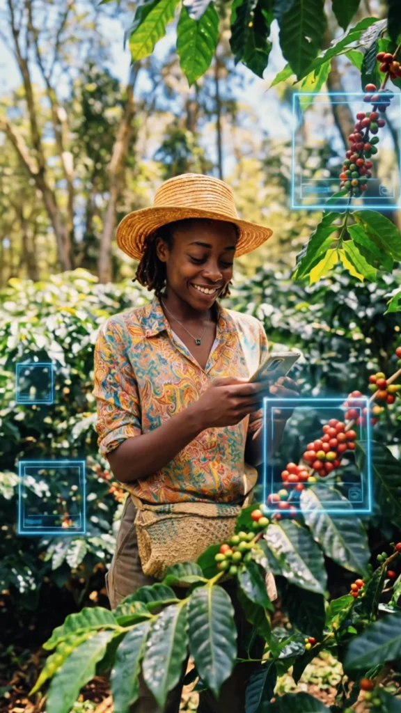 Nexus Rural Short Video — woman using a phone among coffee plants and digital scanning graphics, still from the final video