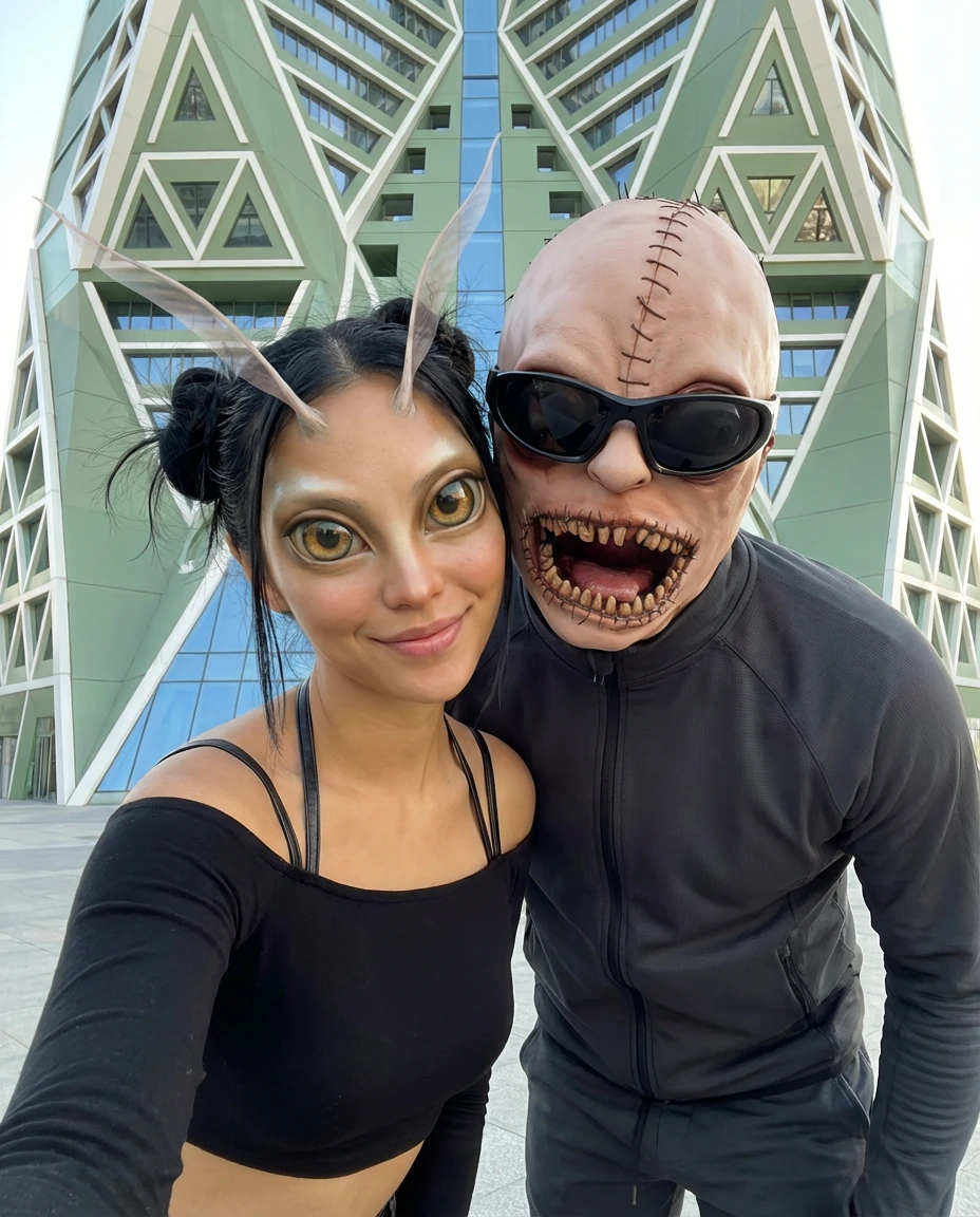 Two otherworldly characters take a selfie outside a green geometric tower.
