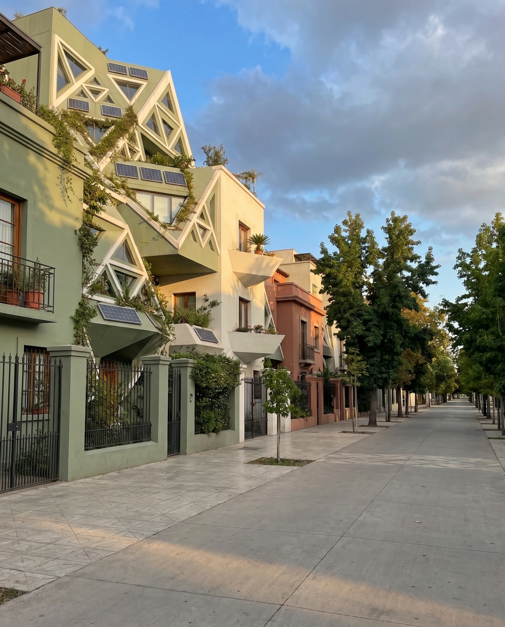 A leafy residential street with geometric buildings and solar panels.