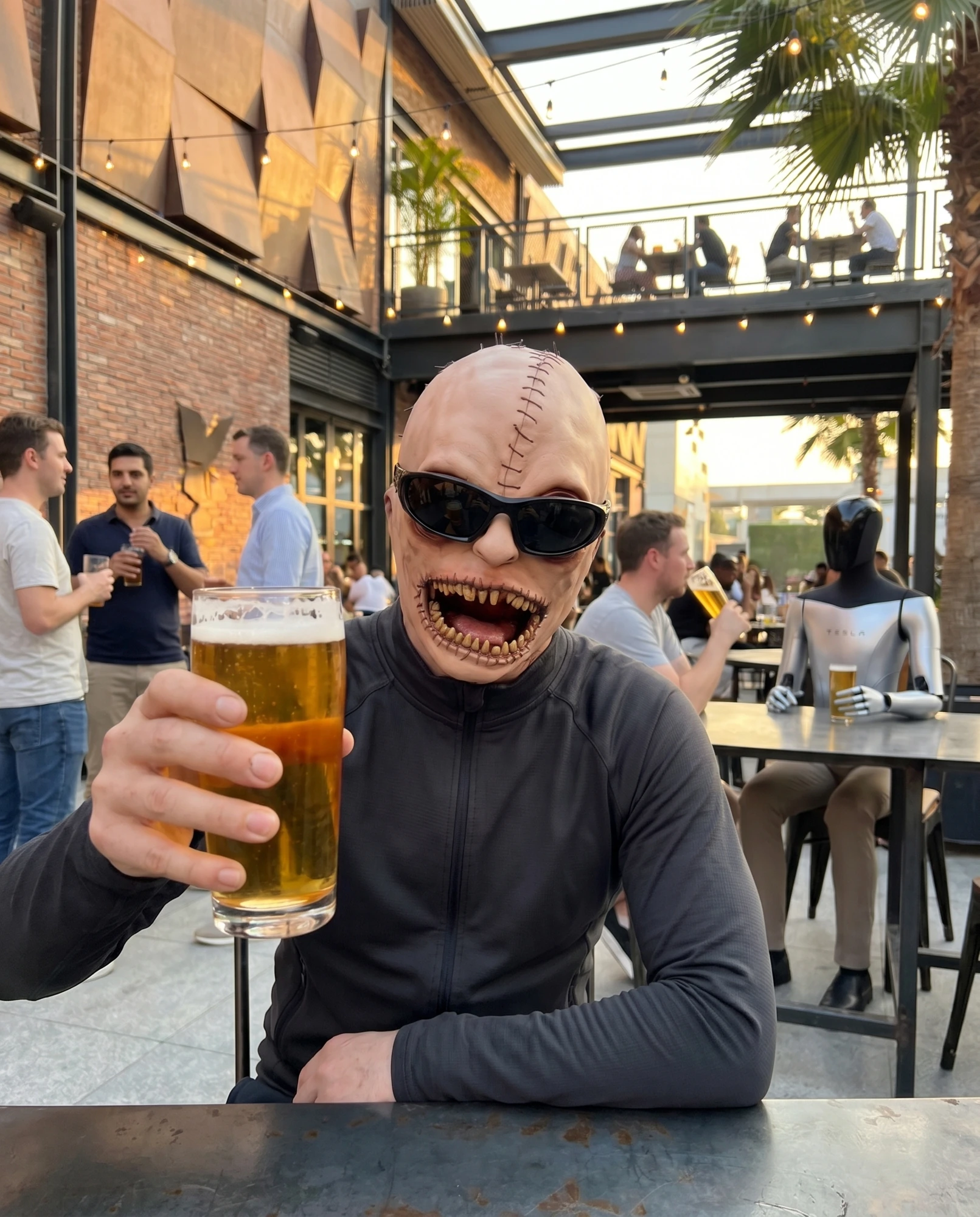 A stitched-face character raises a beer in a courtyard.