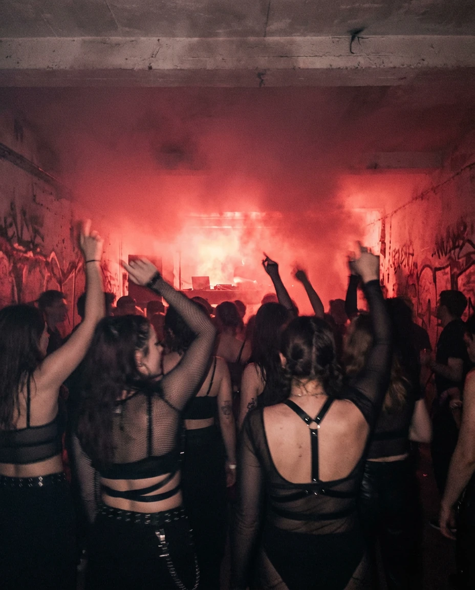 A crowd dances in a red-lit underground venue.