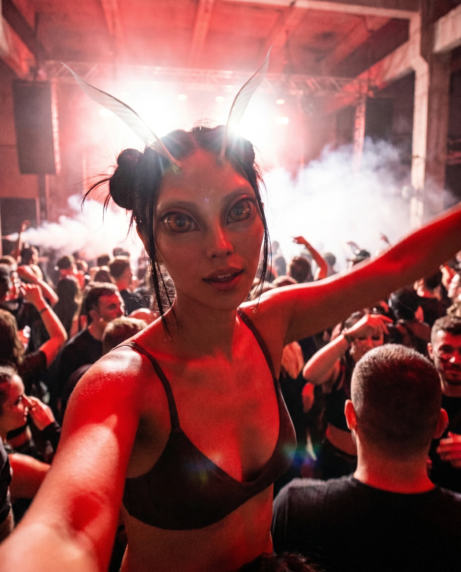 An antennaed character takes a selfie on the red-lit dance floor.