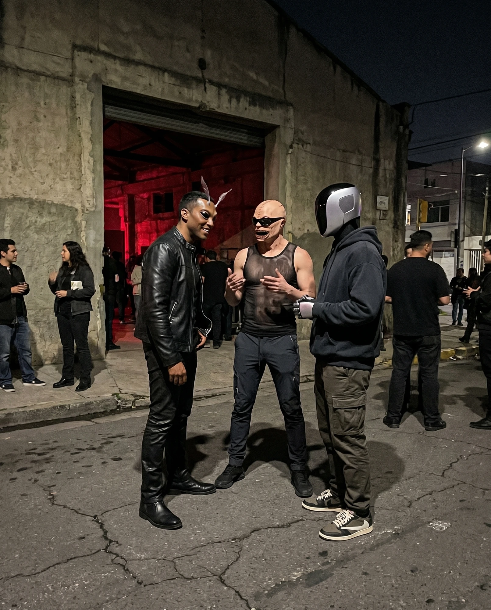 Three characters talk outside the nightclub.