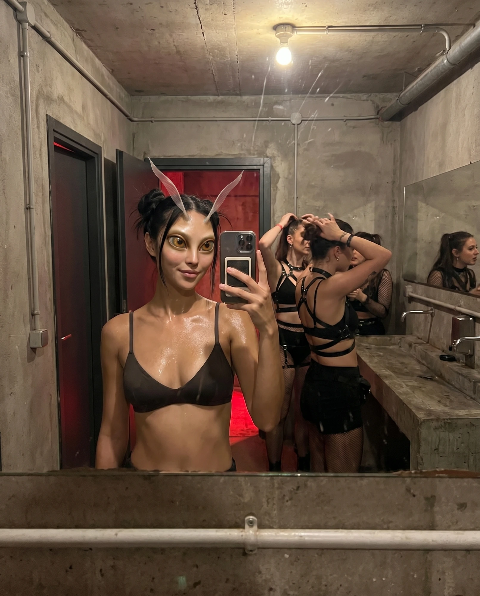 An antennaed character takes a mirror selfie in the nightclub bathroom.