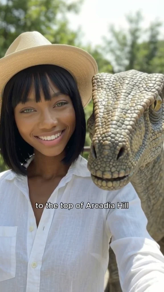 A Day on Terrasaurus Island — woman alongside a dinosaur, still from the final video