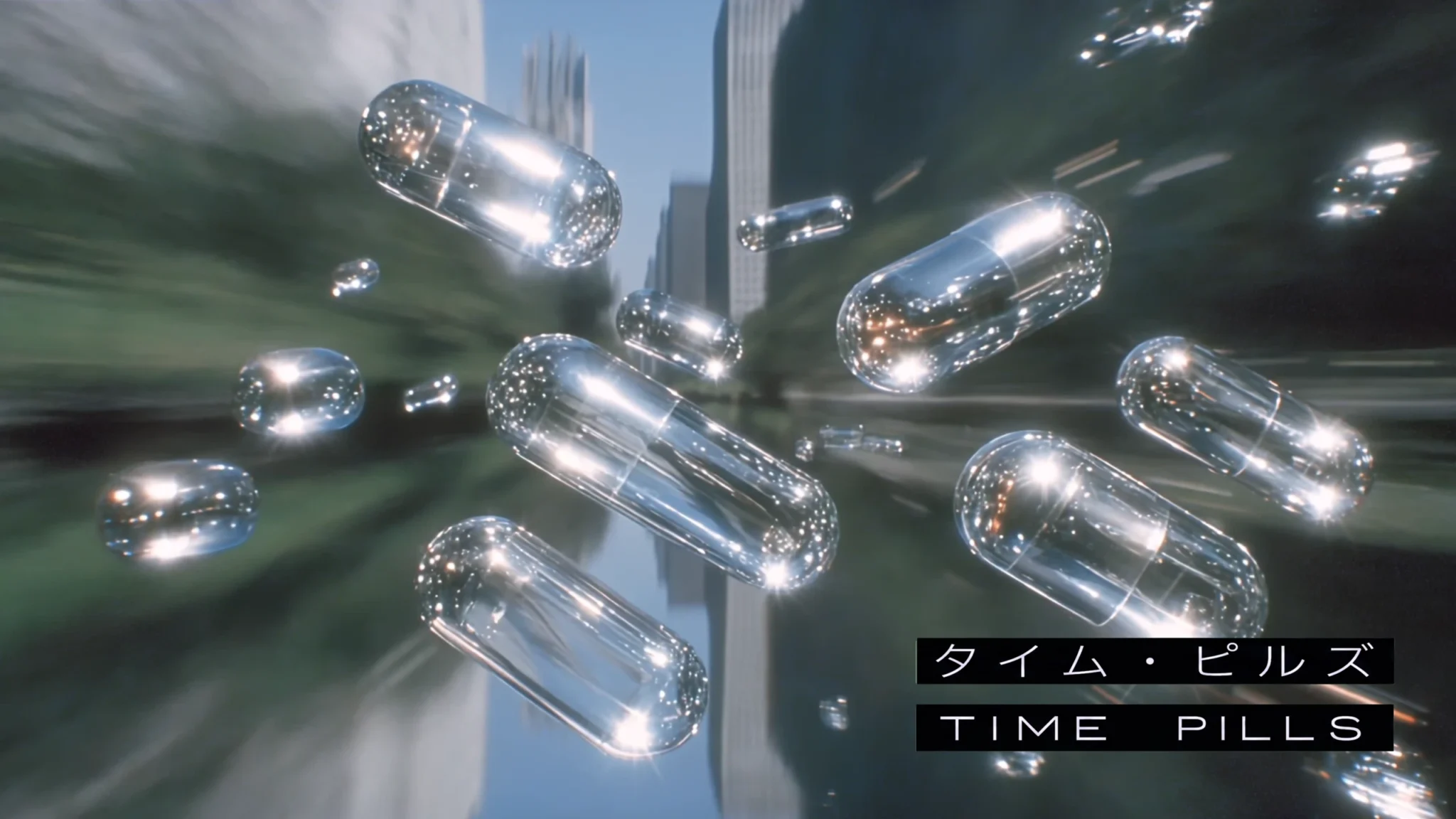 Time Pills — reflective capsules floating through a futuristic city, still from the final video